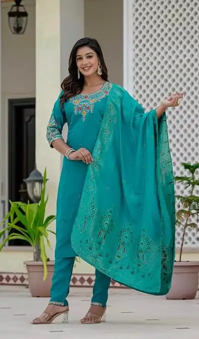 Nice Firozi Roman Silk Sequins Work Salwar Suit