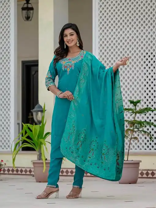 Nice Firozi Roman Silk Sequins Work Salwar Suit