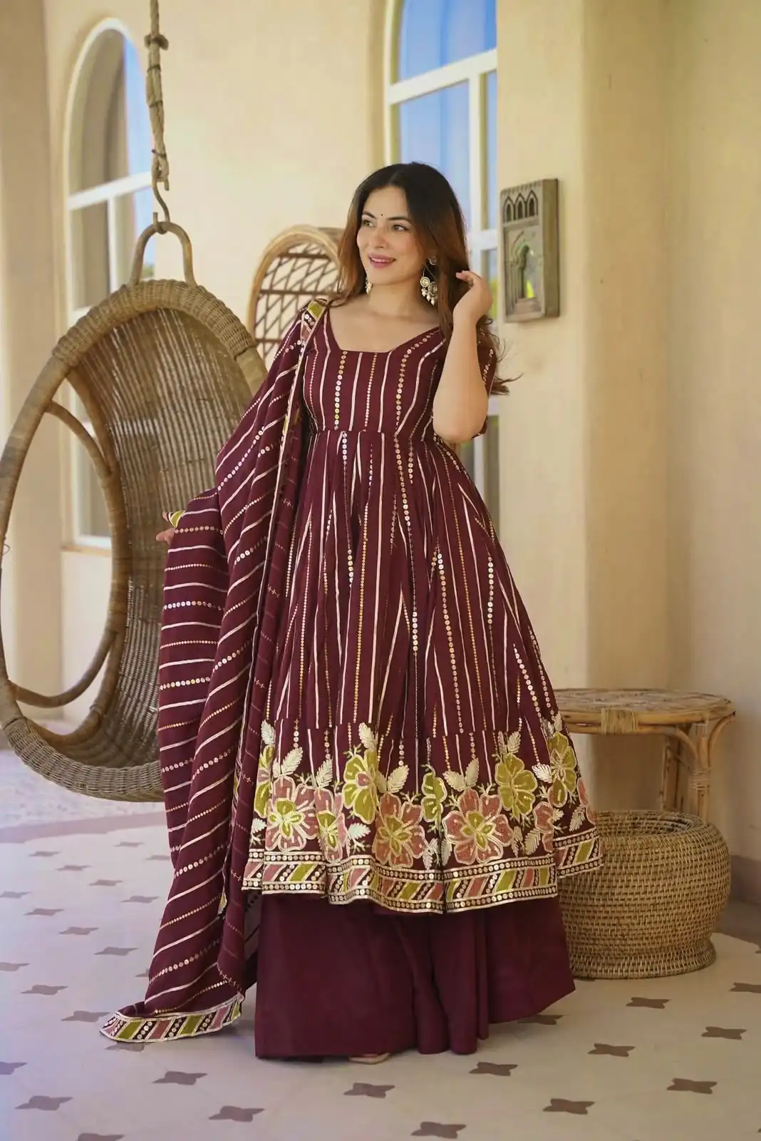 Nice Maroon Faux Georgette Embroidery Work Anarkali Suit
