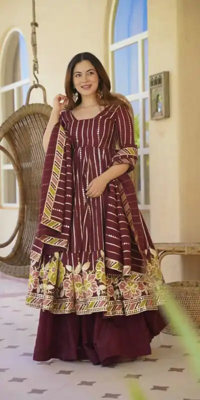 Nice Maroon Faux Georgette Embroidery Work Anarkali Suit