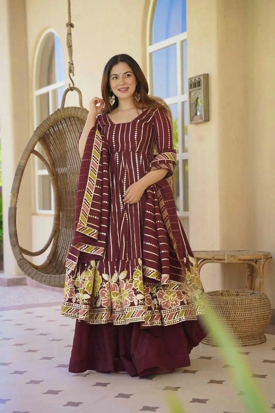 Nice Maroon Faux Georgette Embroidery Work Anarkali Suit