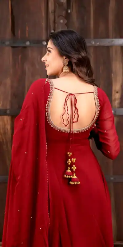 Nice Red Faux Georgette Sequence Work Anarkali Suit