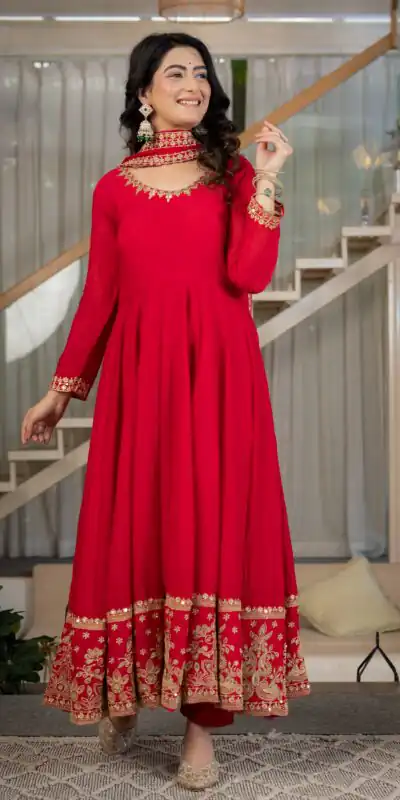 Nice Red Rangoli Crush Sequence Work Salwar Suit