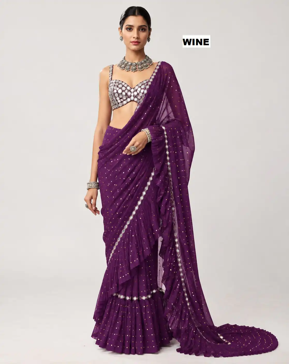 Nice Wine Faux Georgette Sequence Work Saree