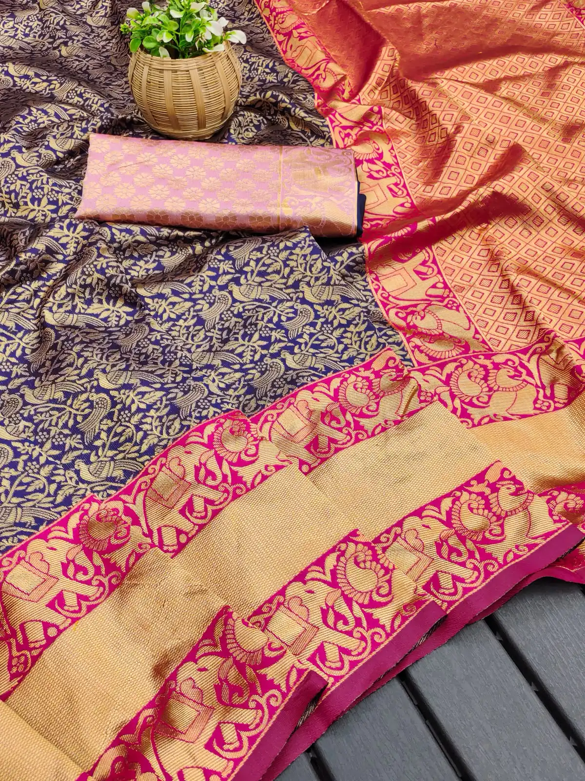 Perfect Blue Lichi Silk Jacquard All Over Work Saree