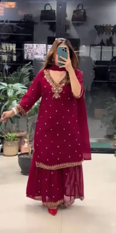 Perfect Maroon Faux Georgette Mirror Hand Work Salwar Suit