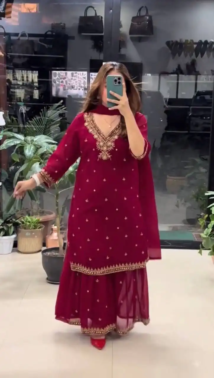 Perfect Maroon Faux Georgette Mirror Hand Work Salwar Suit