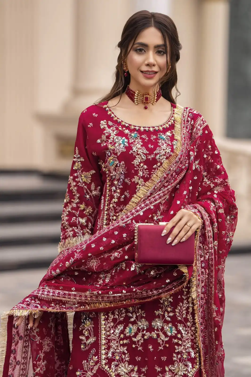 Perfect Maroon Faux Georgette Thread Work Salwar Suit