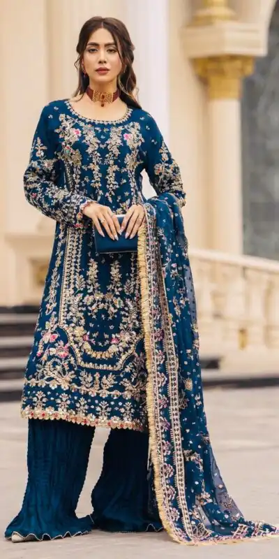Perfect Teal Faux Georgette Thread Work Salwar Suit