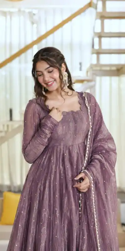 Pretty Lavender Salsa Silk Embroidery Work Gown