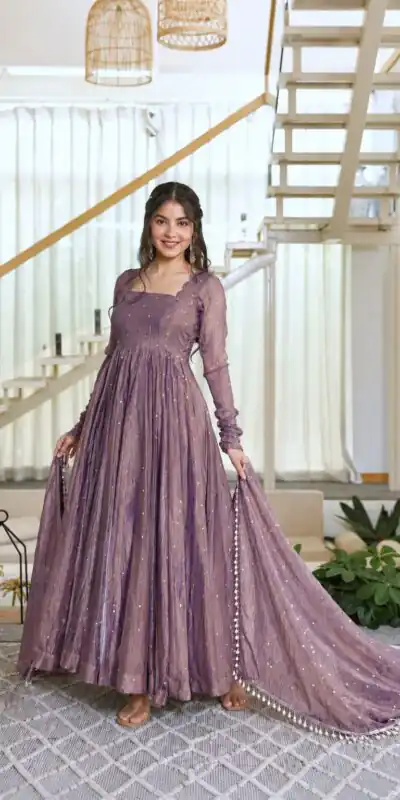 Pretty Lavender Salsa Silk Embroidery Work Gown