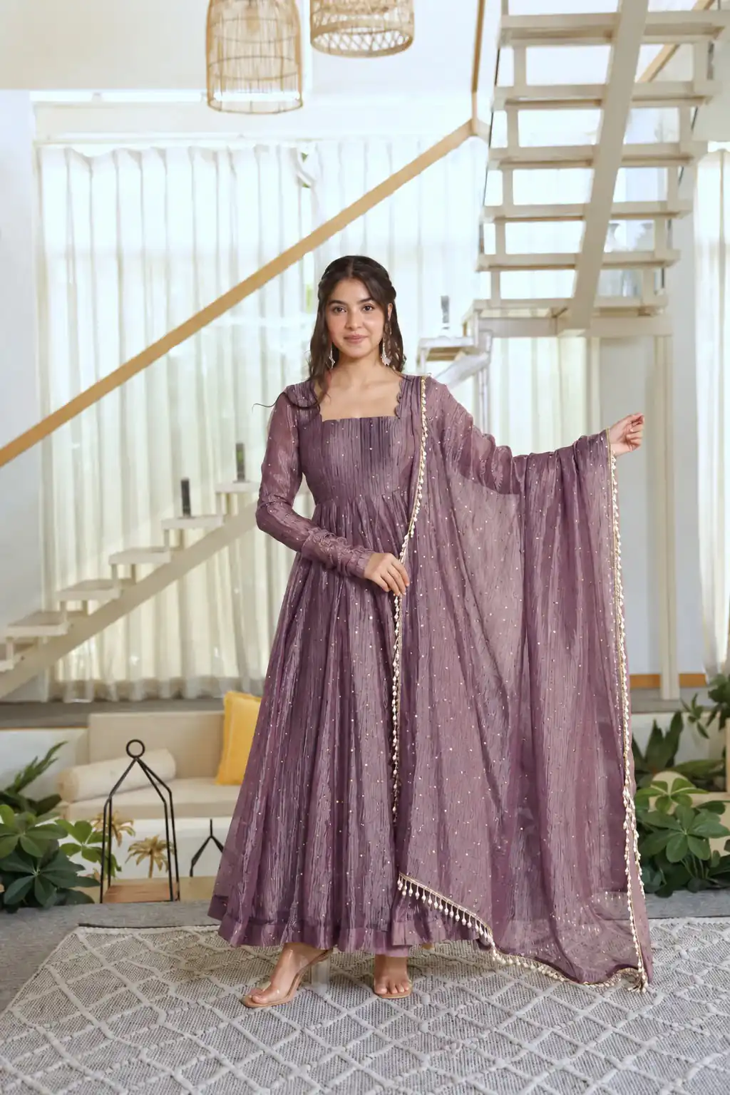 Pretty Lavender Salsa Silk Embroidery Work Gown