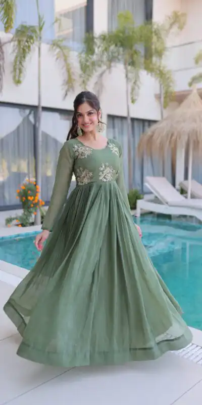 Pretty Pista Silver Crunchy Beads Work Gown