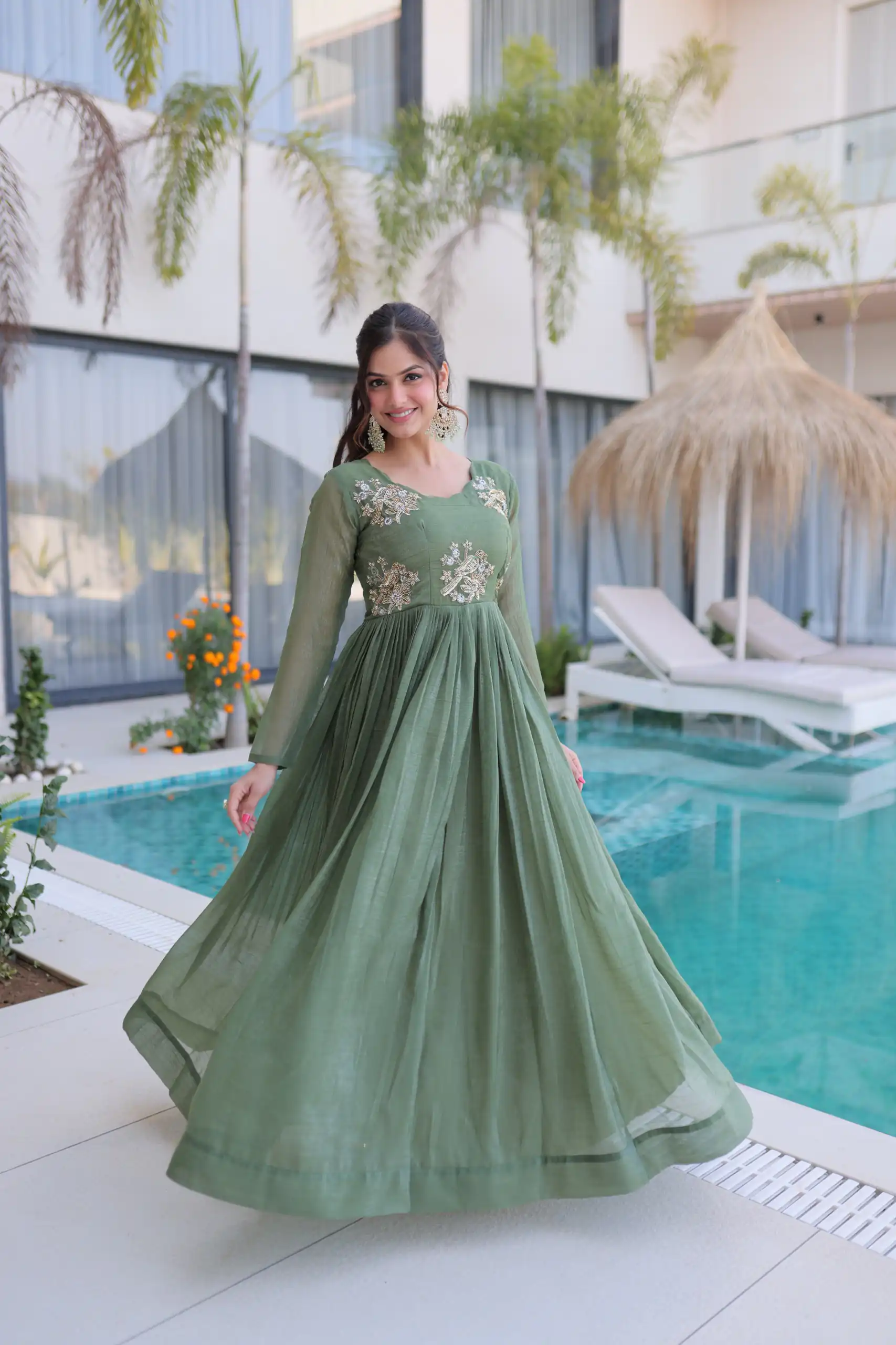 Pretty Pista Silver Crunchy Beads Work Gown