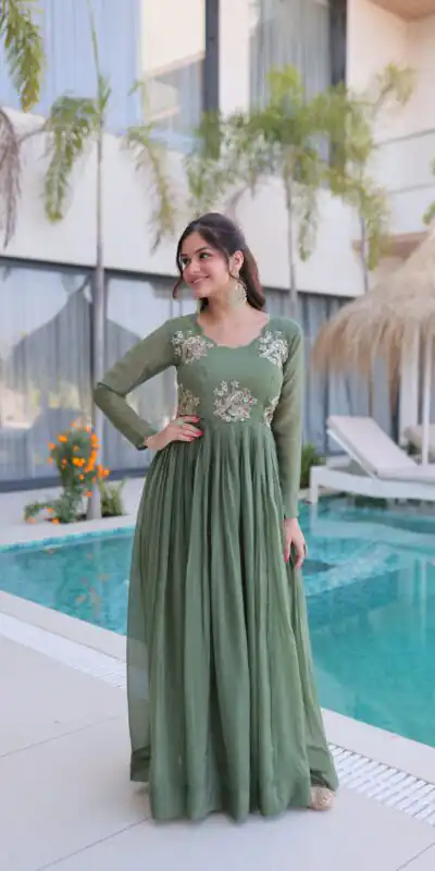 Pretty Pista Silver Crunchy Beads Work Gown
