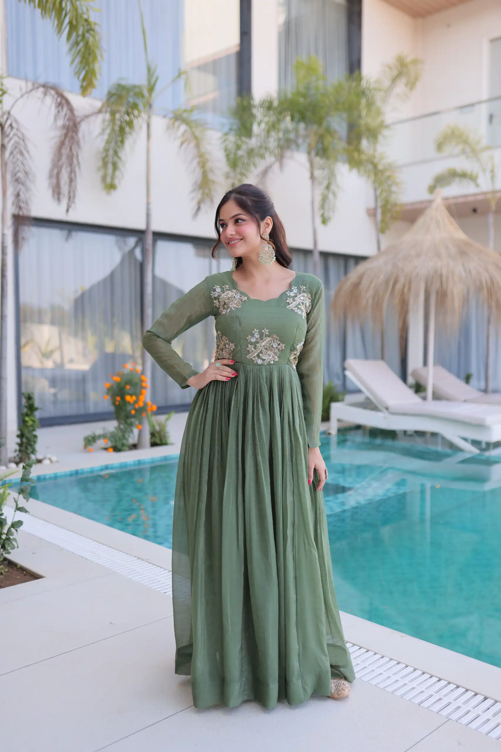 Pretty Pista Silver Crunchy Beads Work Gown