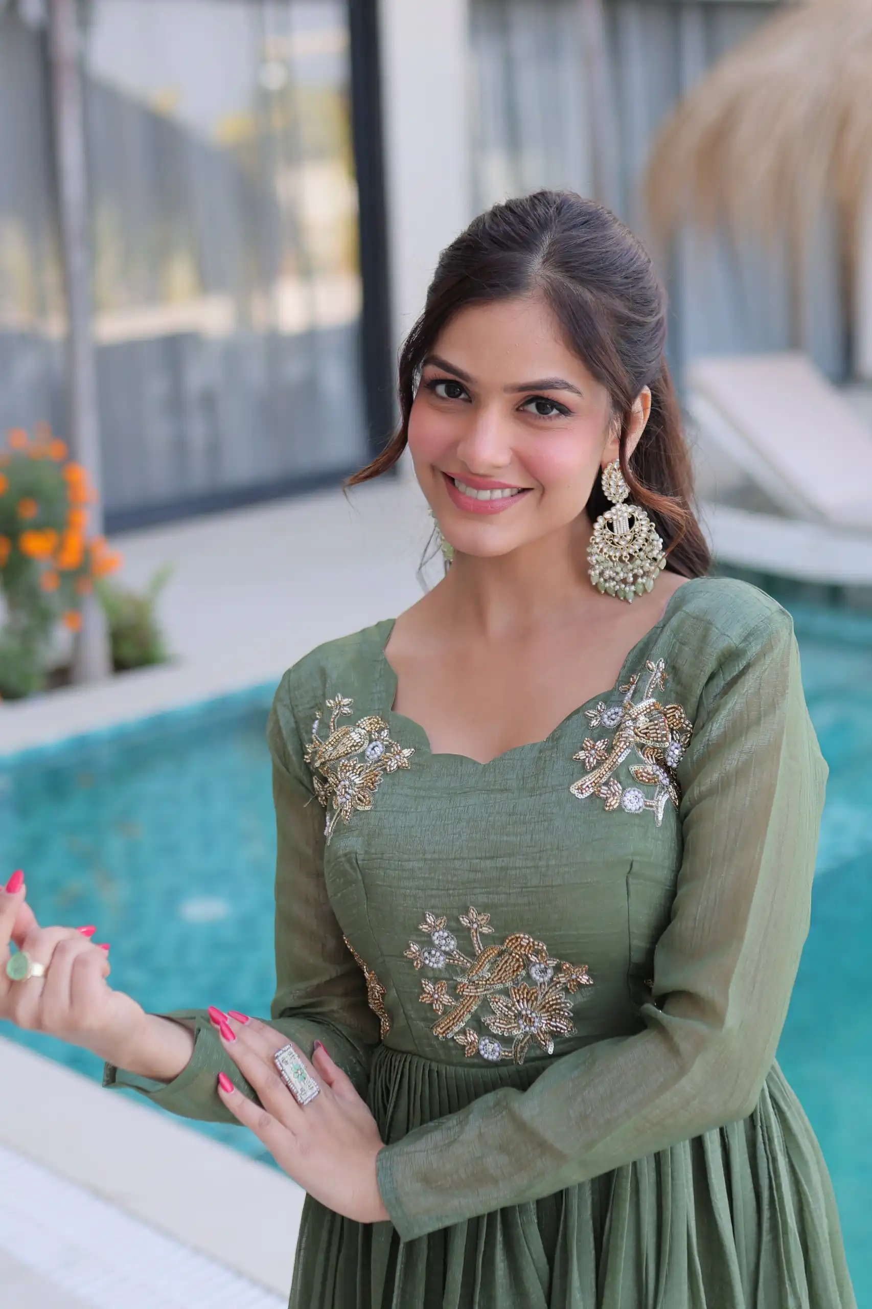 Pretty Pista Silver Crunchy Beads Work Gown