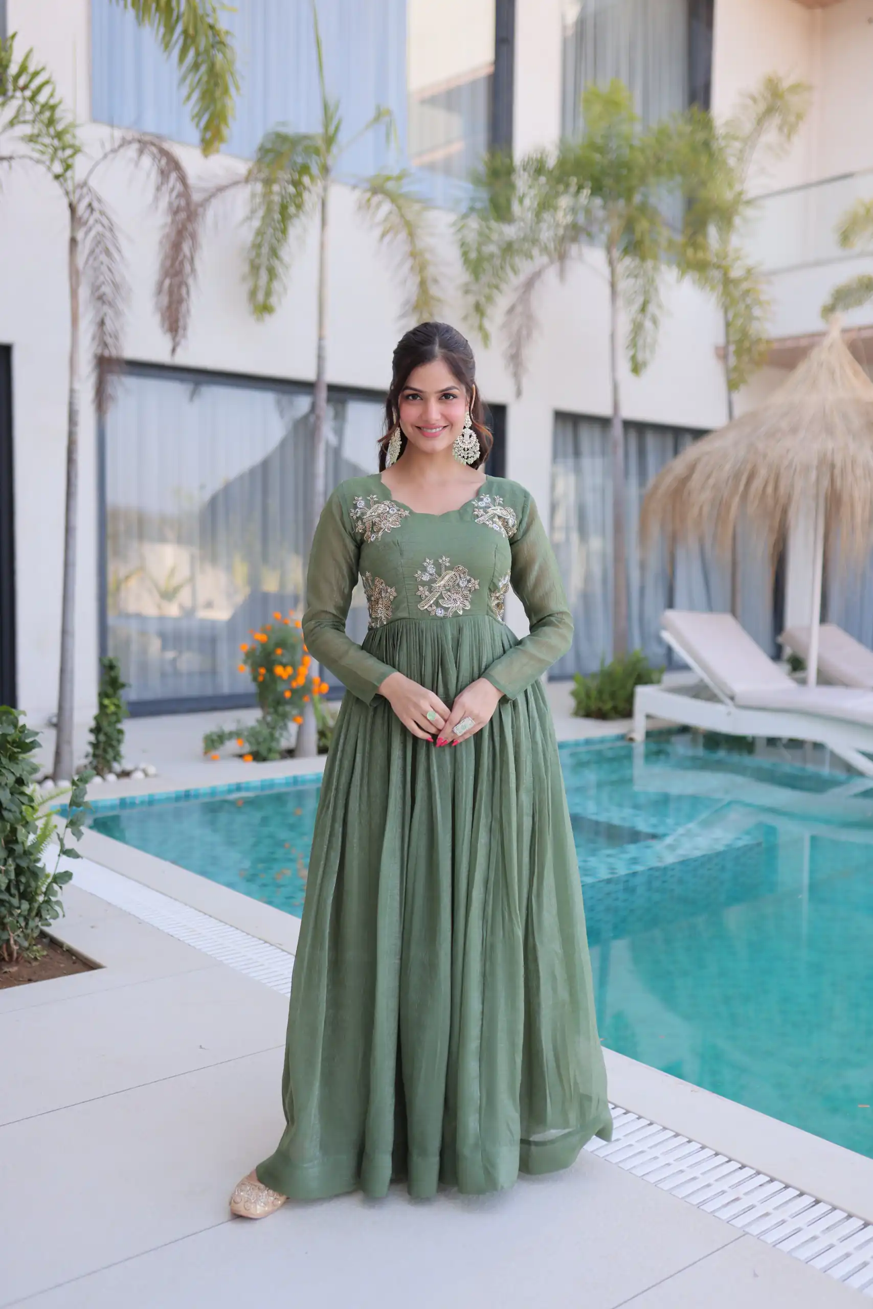 Pretty Pista Silver Crunchy Beads Work Gown