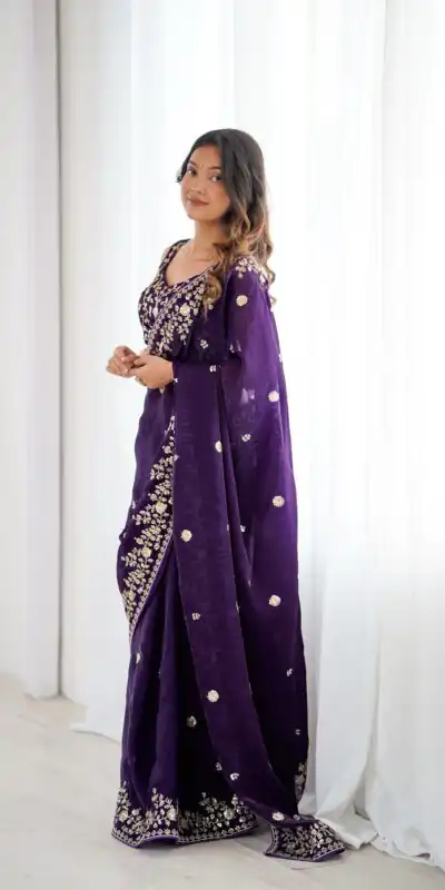 Pretty Purple Fendy Silk Embroidery Work Saree