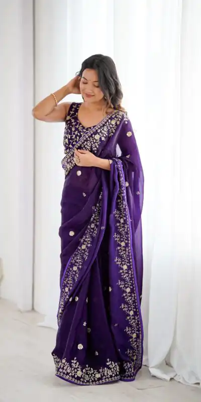 Pretty Purple Fendy Silk Embroidery Work Saree