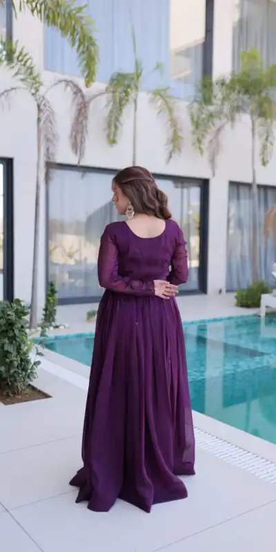 Pretty Purple Silver Crunchy Beads Work Gown