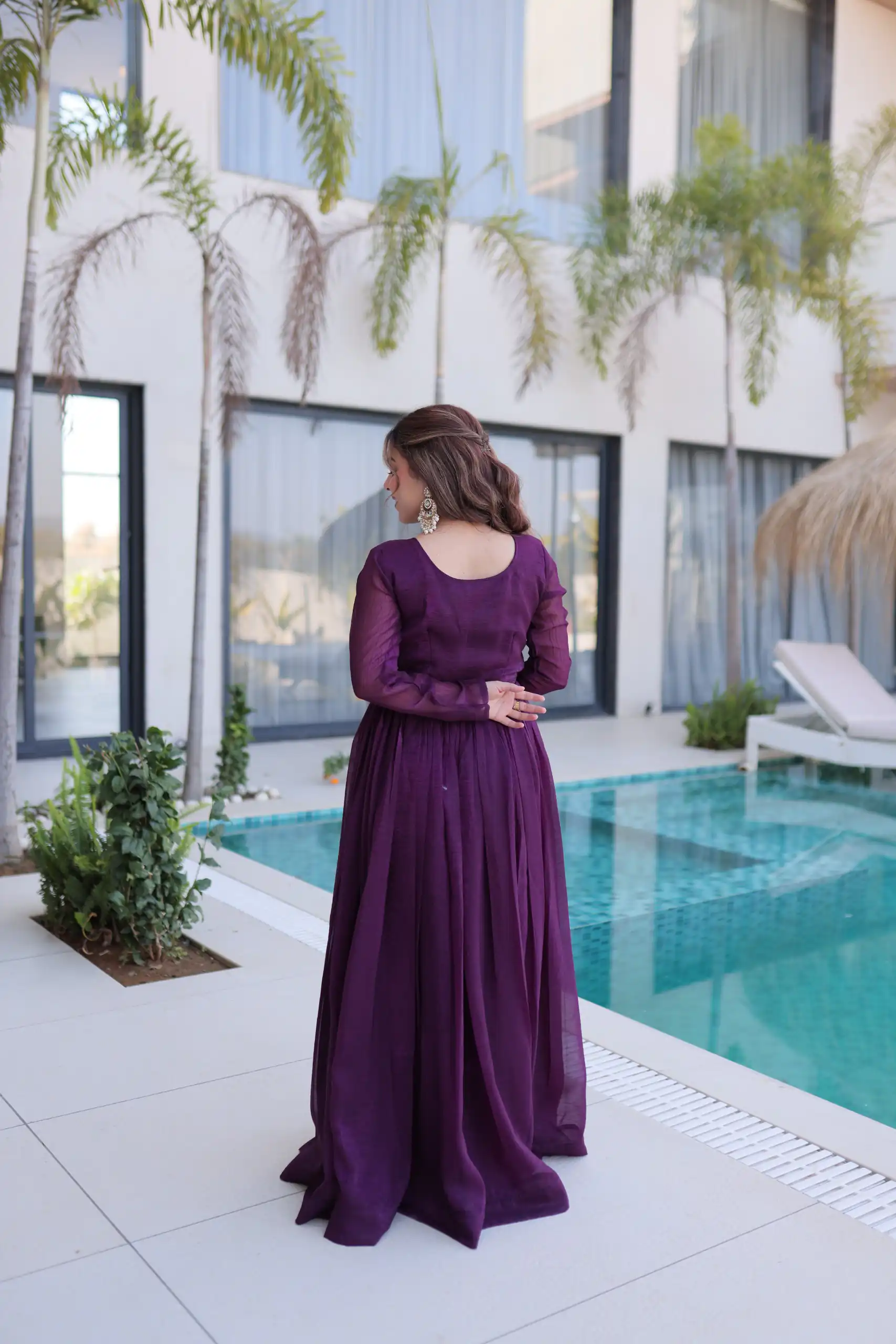 Pretty Purple Silver Crunchy Beads Work Gown