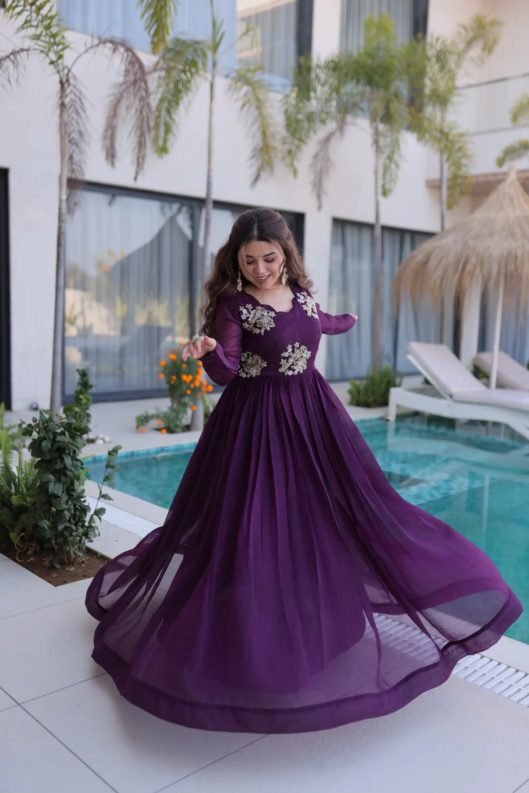 Pretty Purple Silver Crunchy Beads Work Gown