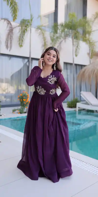 Pretty Purple Silver Crunchy Beads Work Gown