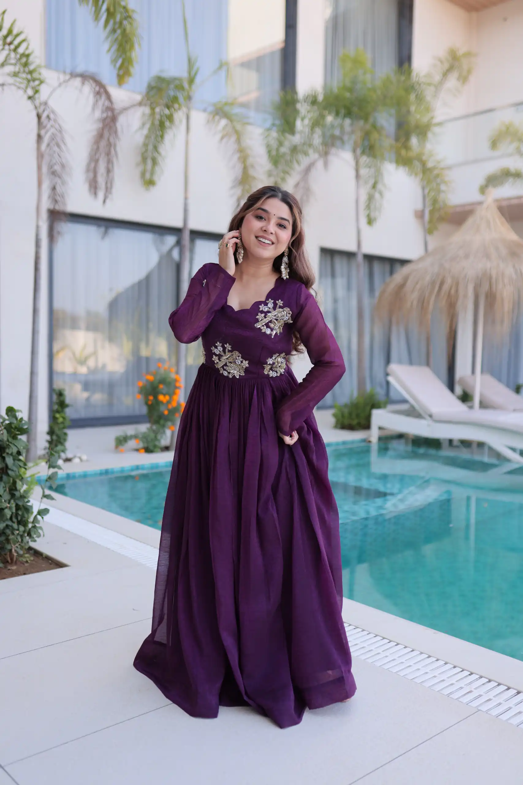 Pretty Purple Silver Crunchy Beads Work Gown