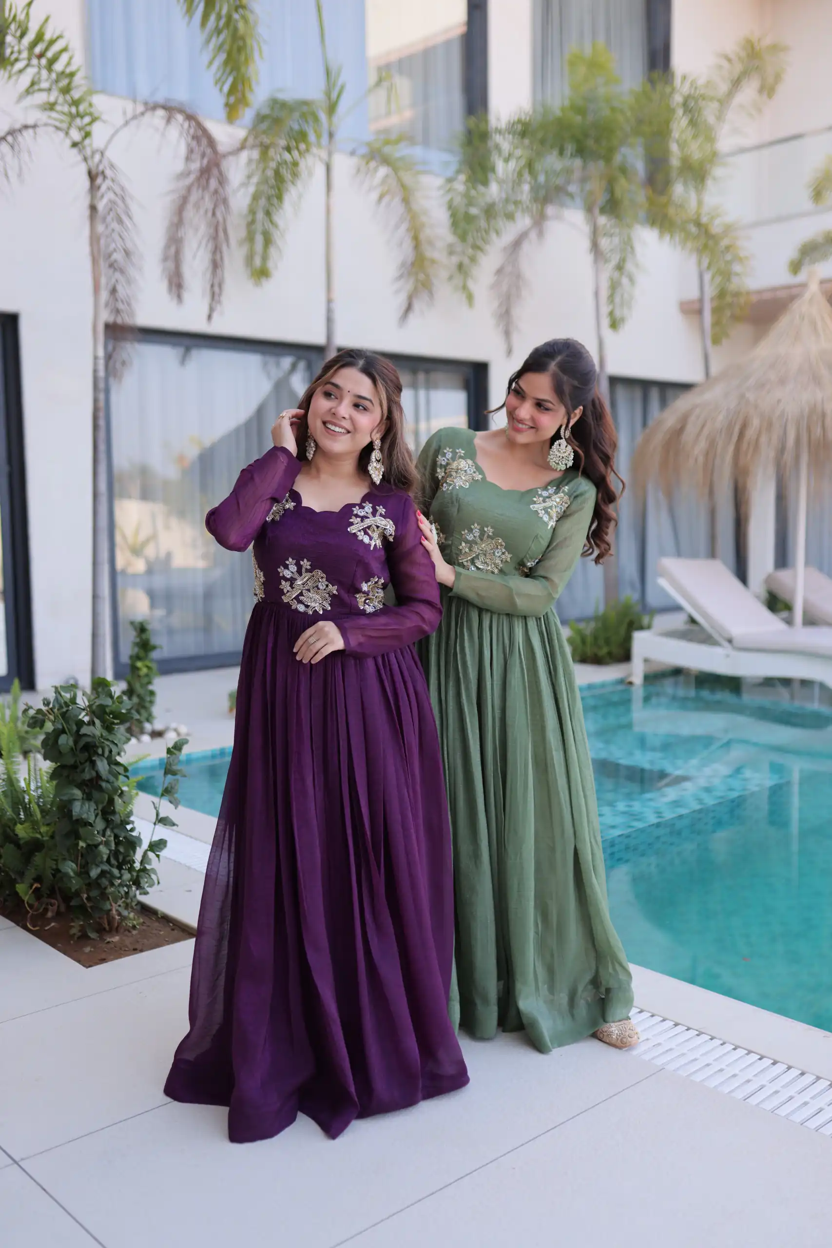 Pretty Purple Silver Crunchy Beads Work Gown