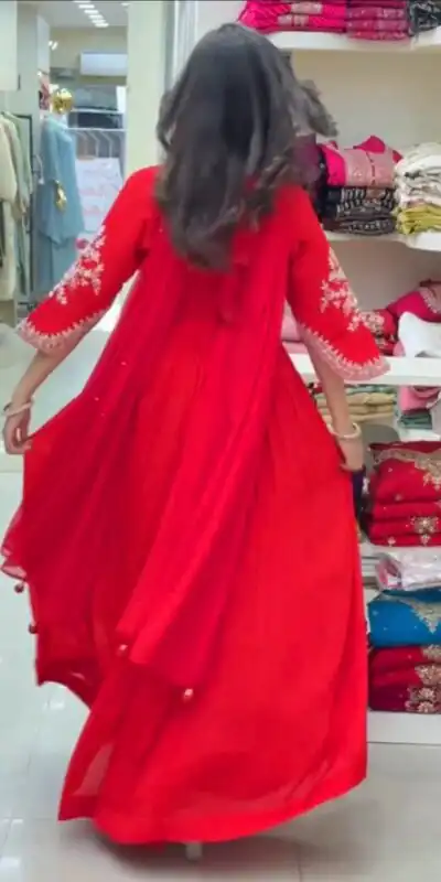 Pretty Red Faux Georgette Thread Work Anarkali Suit