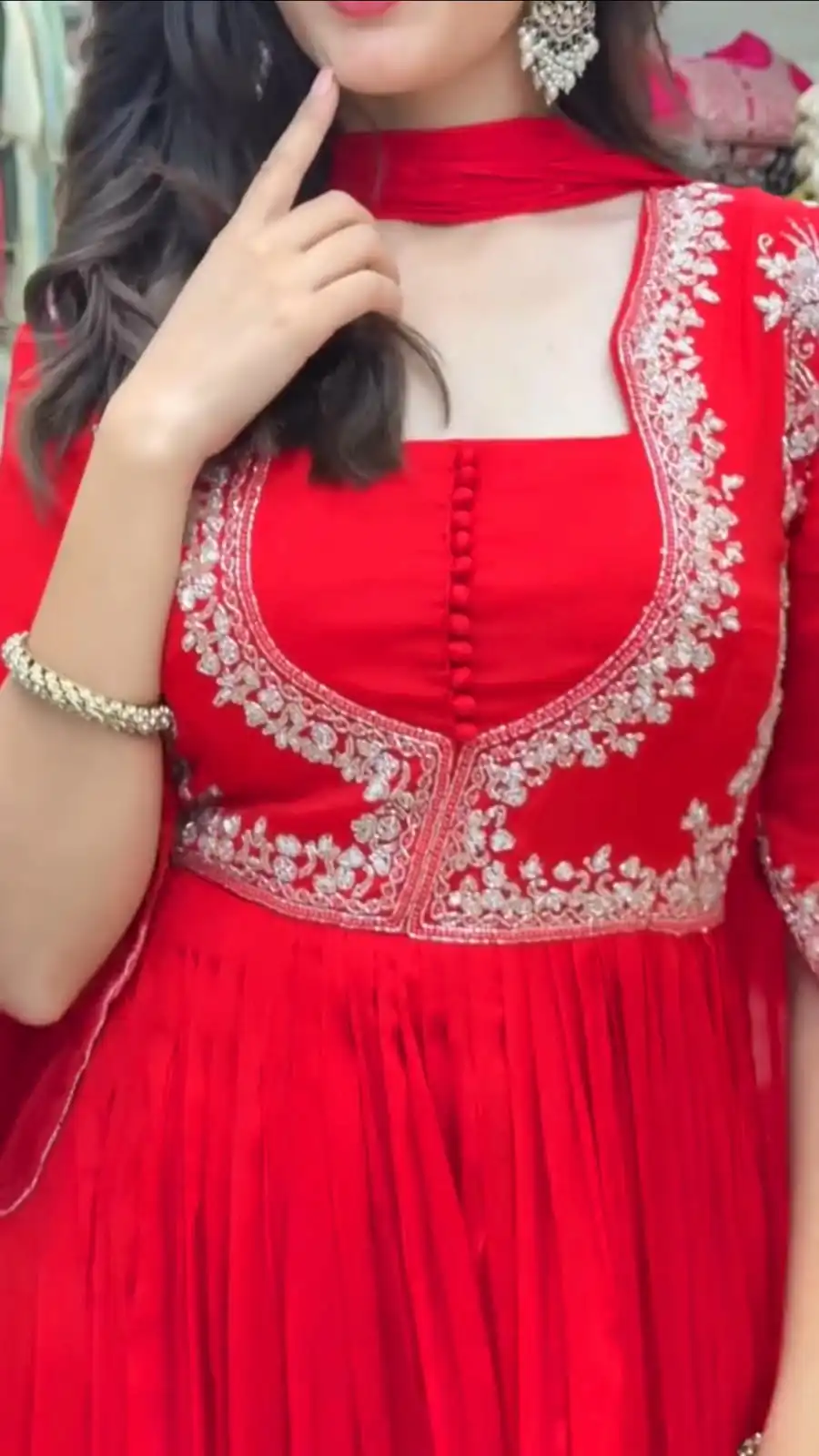 Pretty Red Faux Georgette Thread Work Anarkali Suit