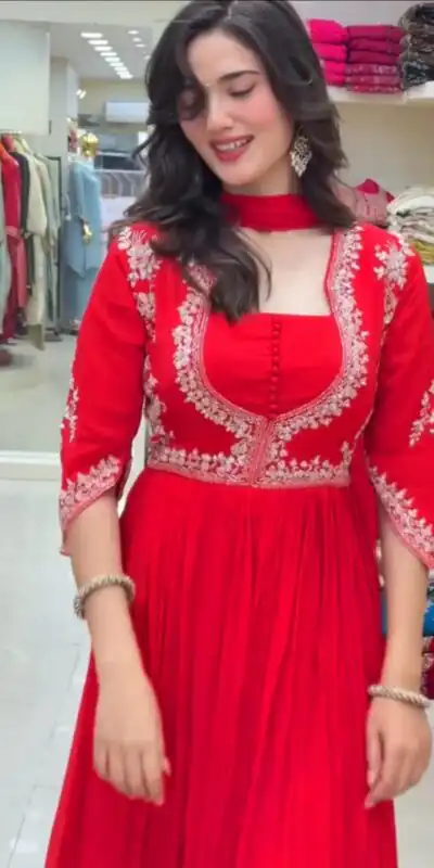 Pretty Red Faux Georgette Thread Work Anarkali Suit