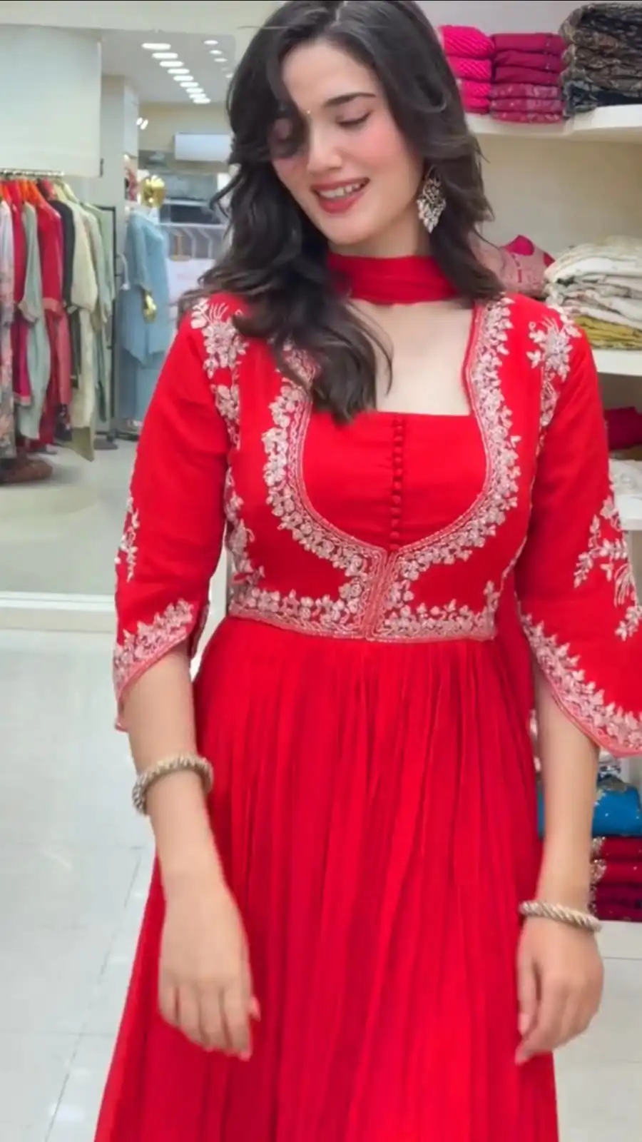 Pretty Red Faux Georgette Thread Work Anarkali Suit