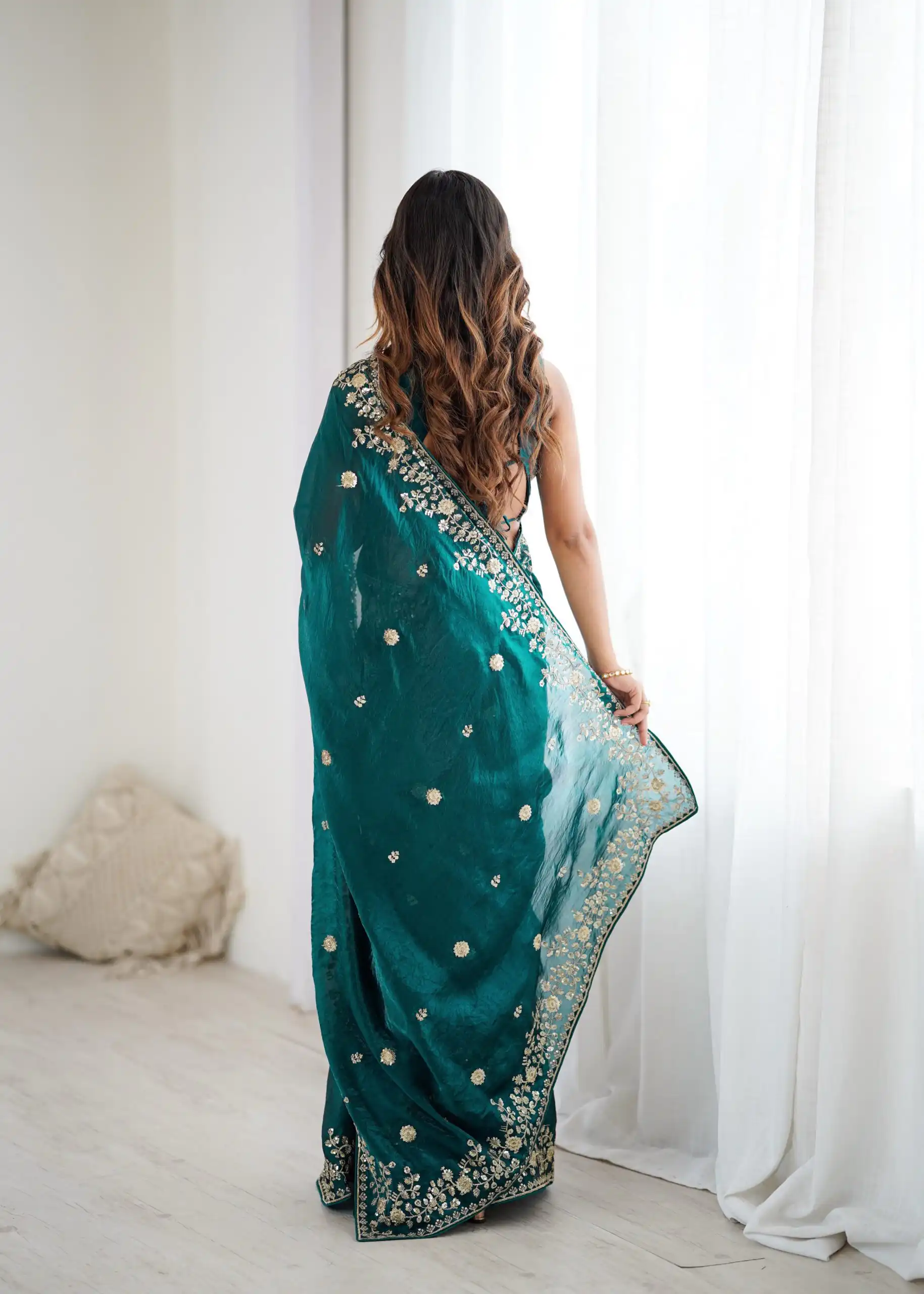 Pretty Teal Fendy Silk Embroidery Work Saree