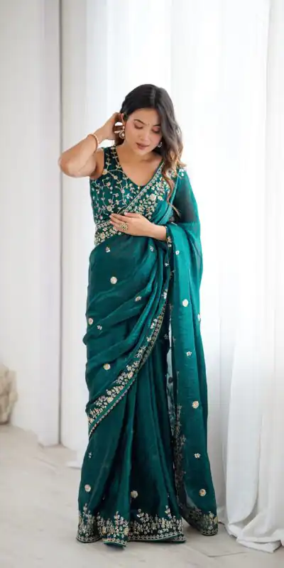 Pretty Teal Fendy Silk Embroidery Work Saree