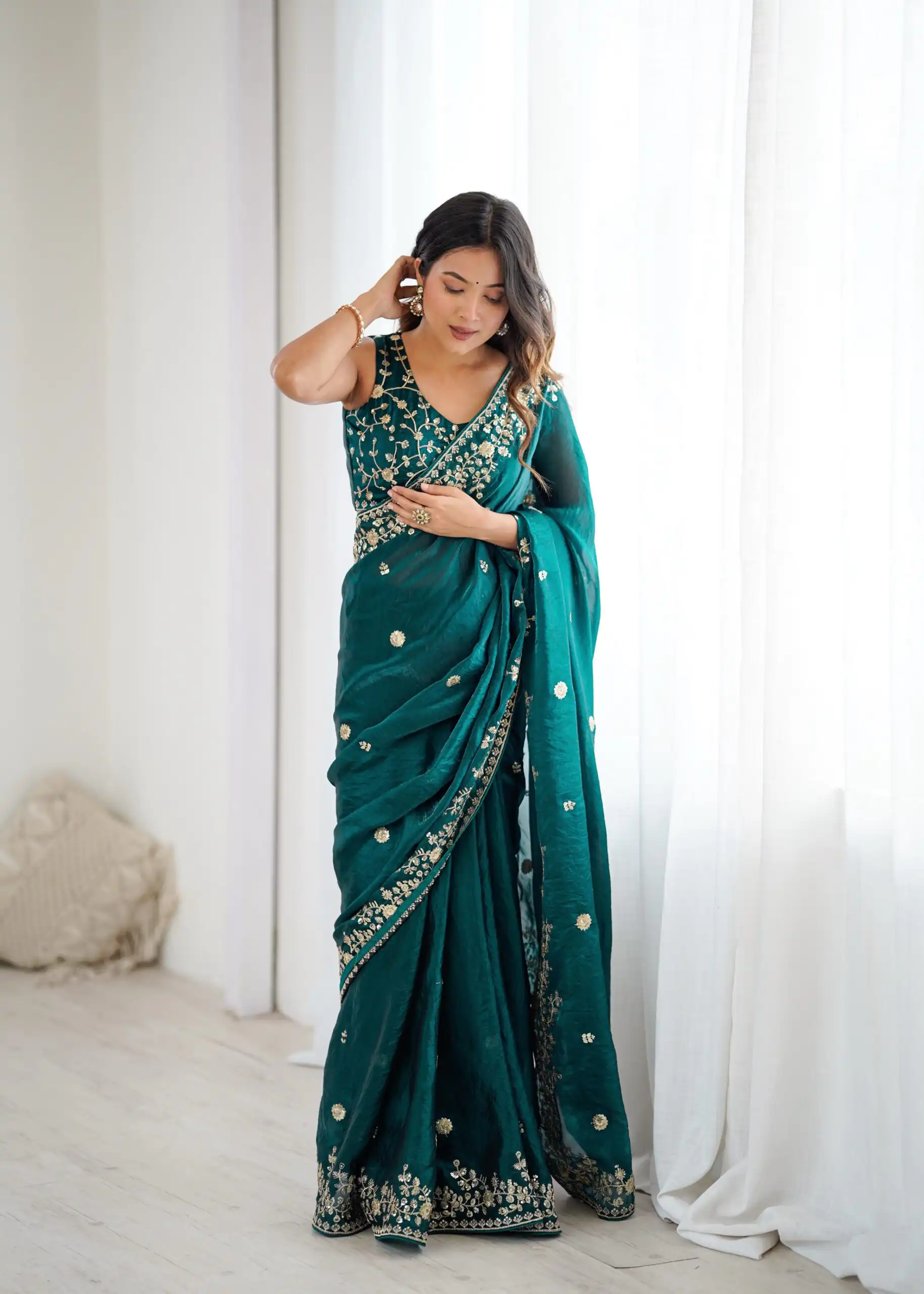Pretty Teal Fendy Silk Embroidery Work Saree