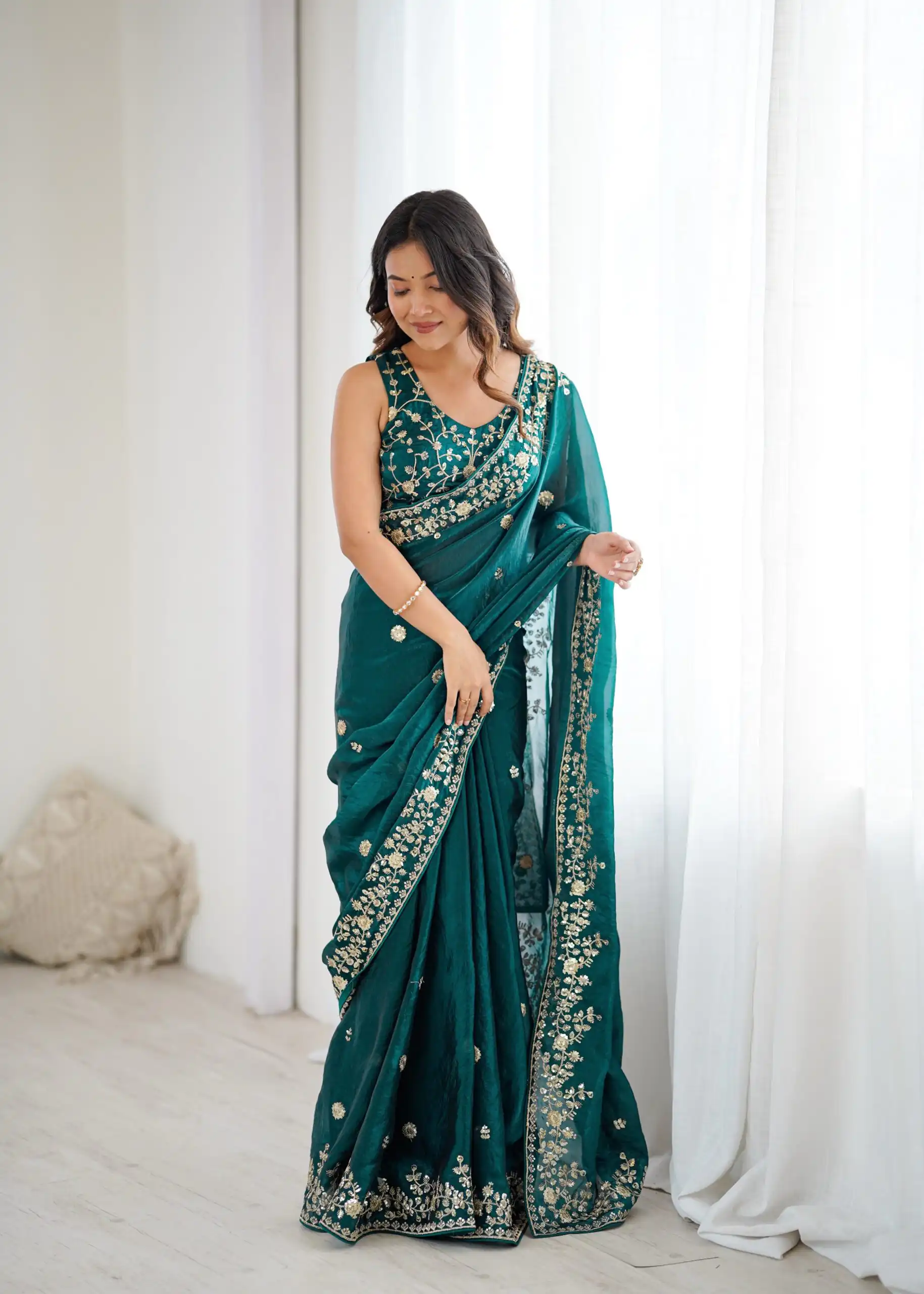 Pretty Teal Fendy Silk Embroidery Work Saree