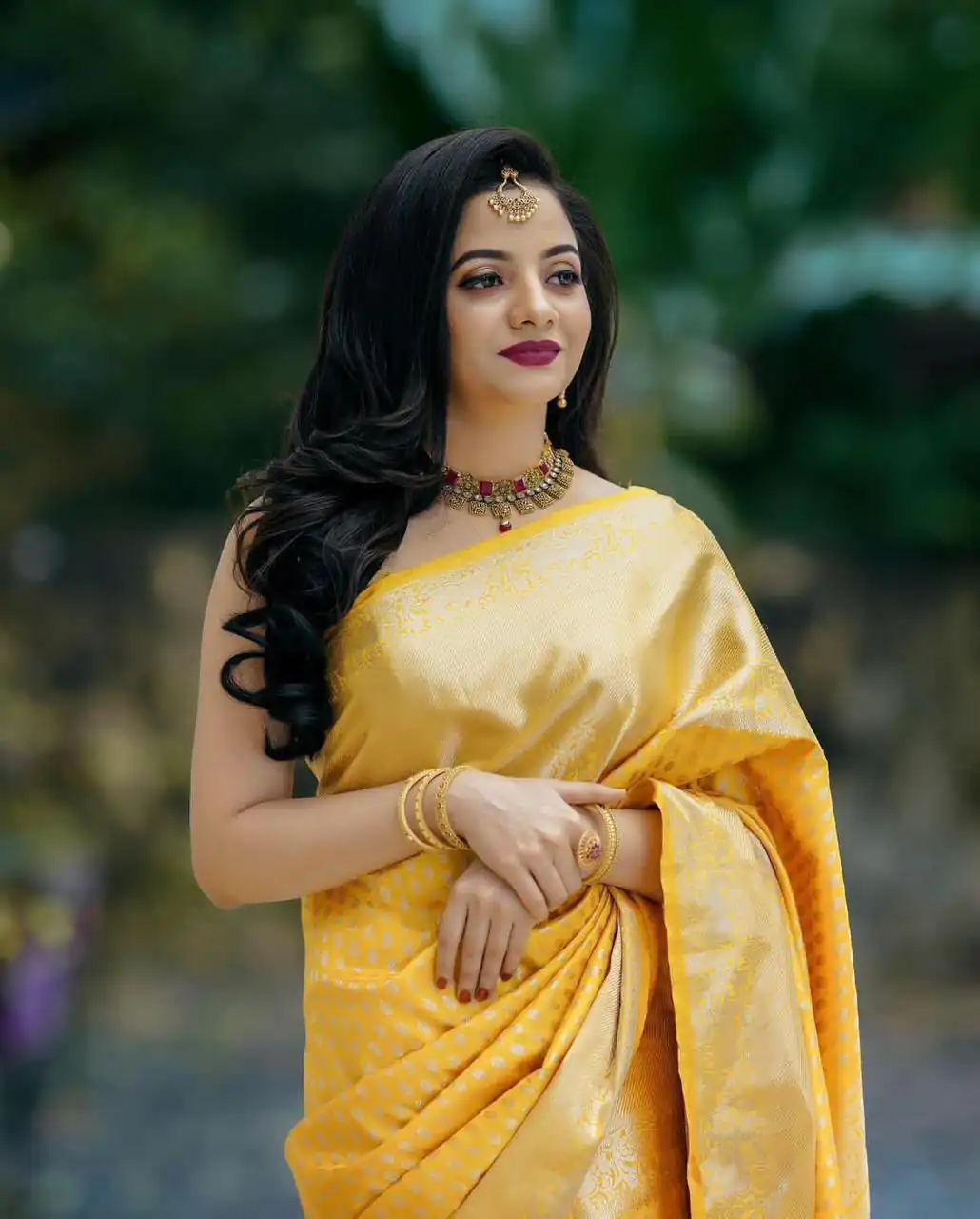Pretty Yellow Lichi Silk Lace Jacquard Work Saree