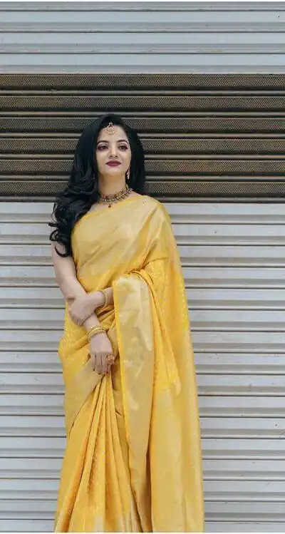 Pretty Yellow Lichi Silk Lace Jacquard Work Saree
