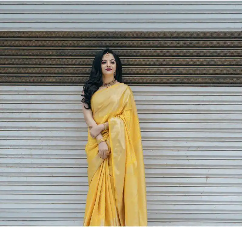 Pretty Yellow Lichi Silk Lace Jacquard Work Saree