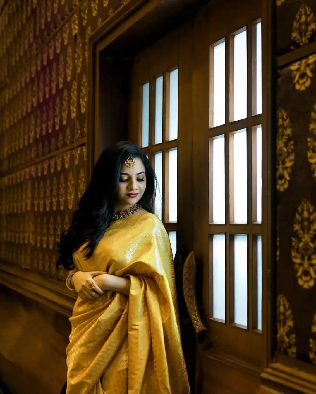 Pretty Yellow Lichi Silk Lace Jacquard Work Saree