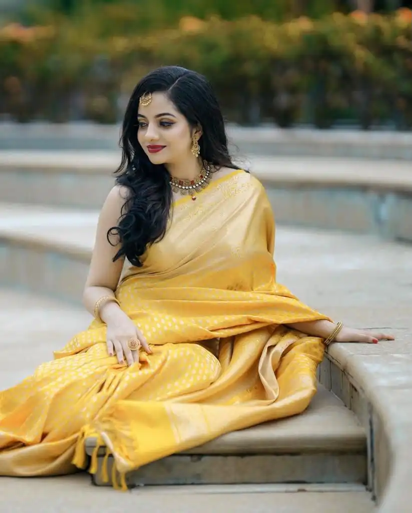 Pretty Yellow Lichi Silk Lace Jacquard Work Saree