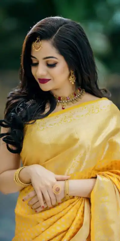 Pretty Yellow Lichi Silk Lace Jacquard Work Saree
