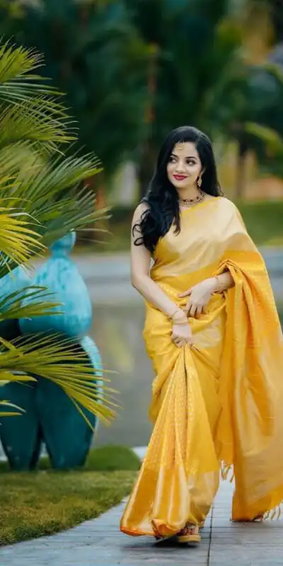 Pretty Yellow Lichi Silk Lace Jacquard Work Saree