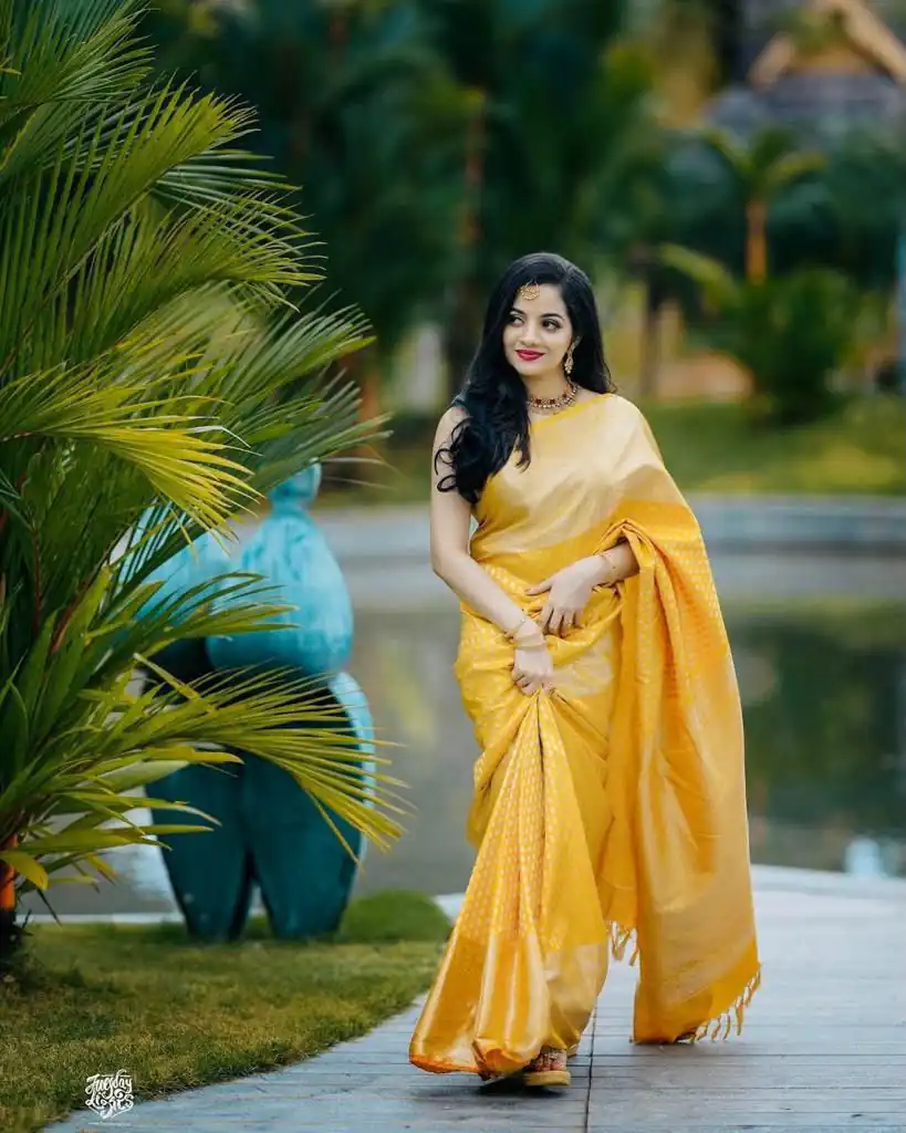 Pretty Yellow Lichi Silk Lace Jacquard Work Saree