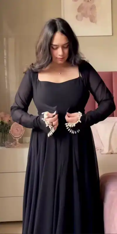 Shiny Black Faux Georgette Fancy Less Work Anarkali Suit
