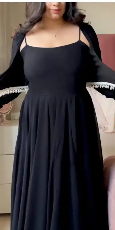 Shiny Black Faux Georgette Fancy Less Work Anarkali Suit