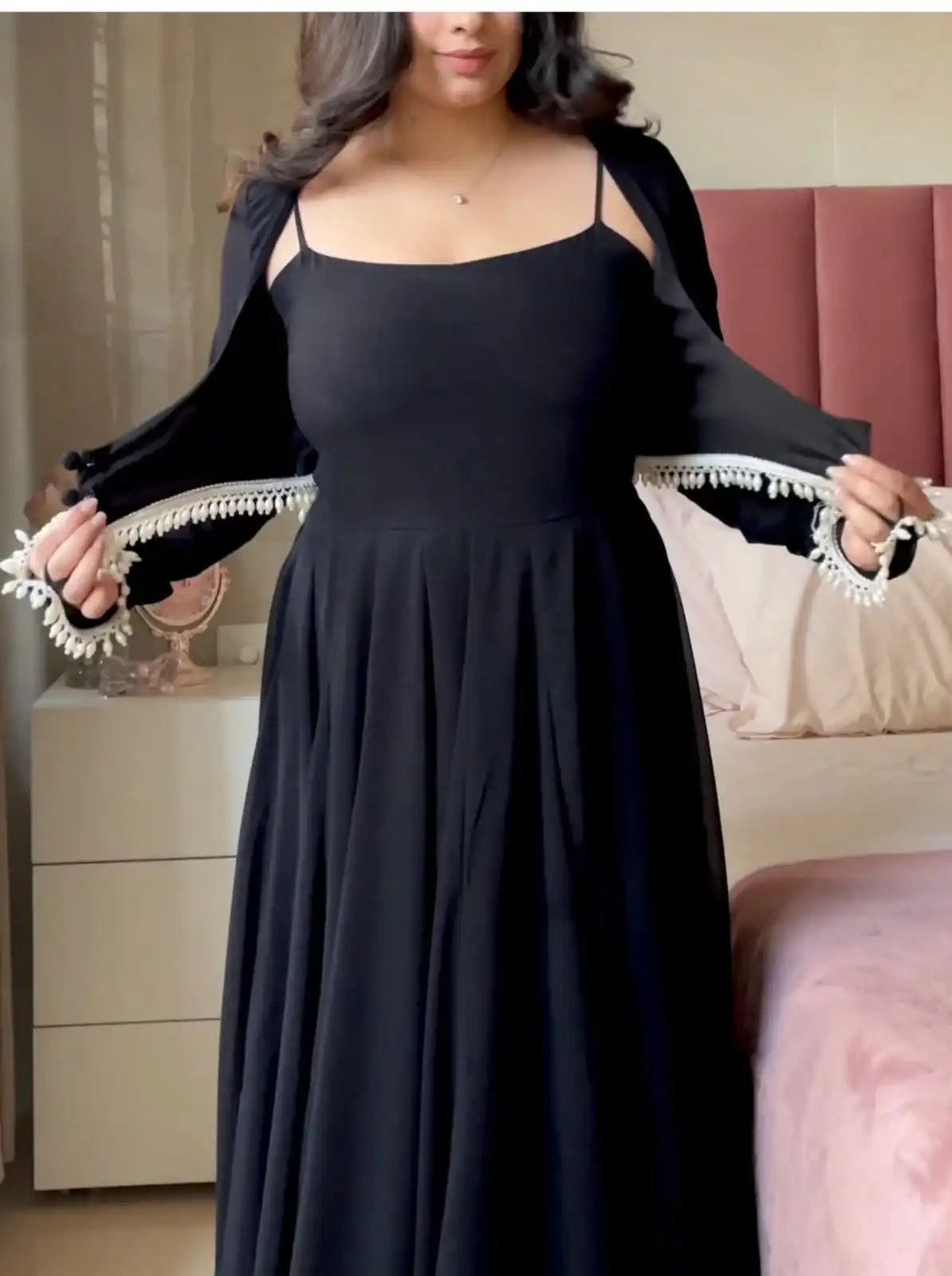 Shiny Black Faux Georgette Fancy Less Work Anarkali Suit