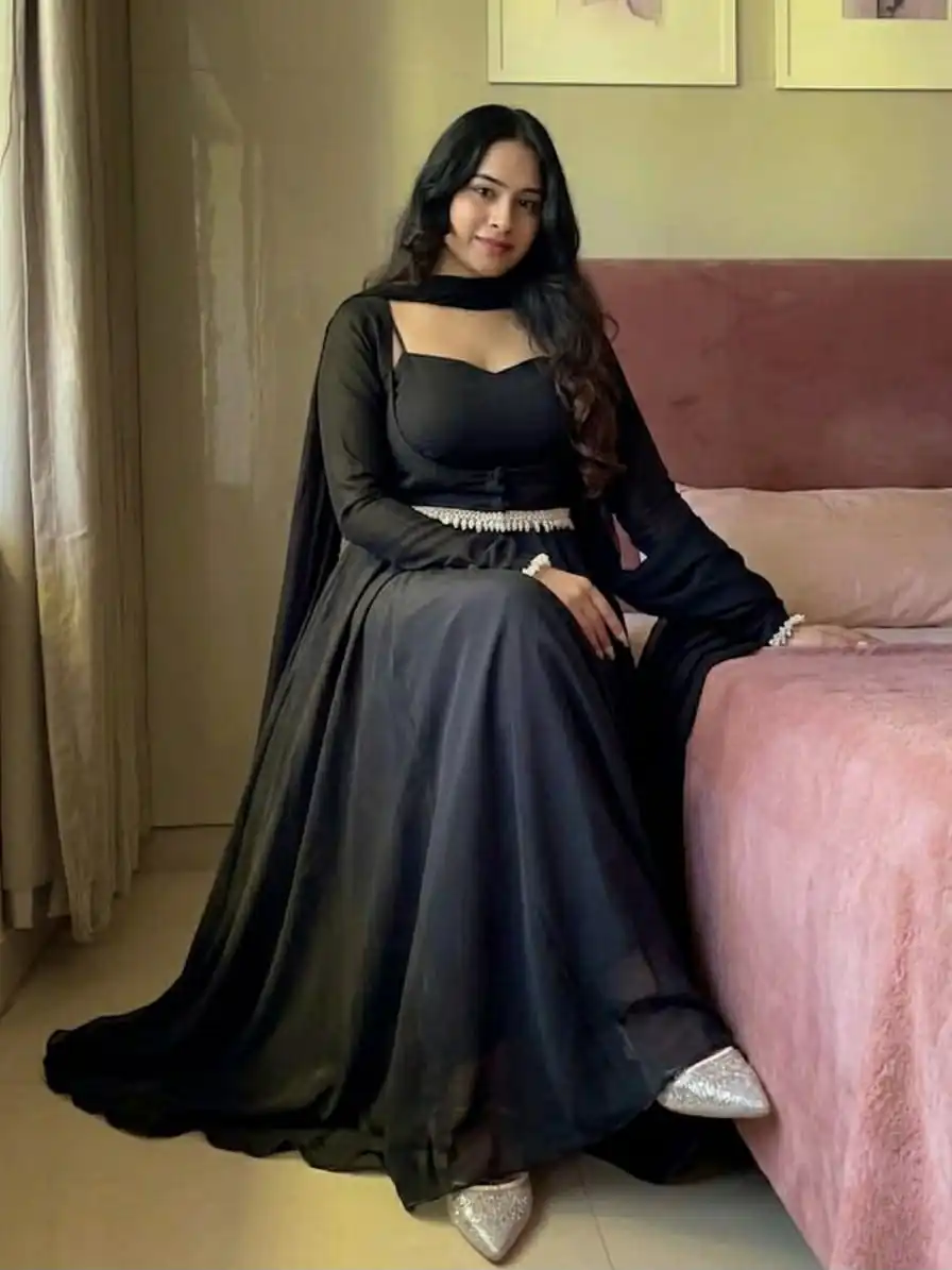 Shiny Black Faux Georgette Fancy Less Work Anarkali Suit
